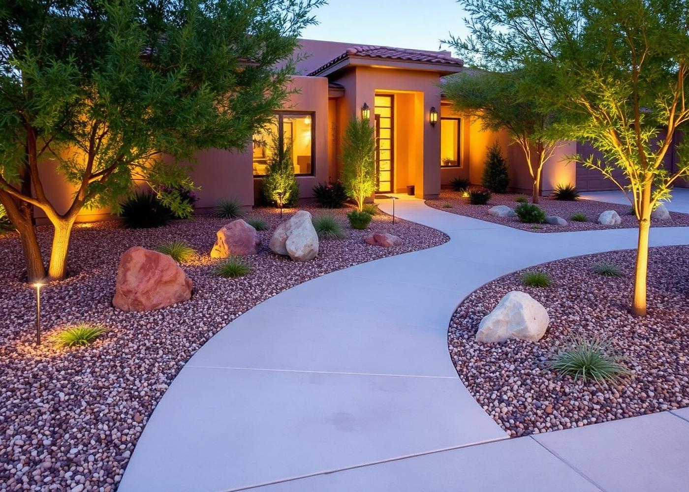 Modern desert front yard with curved walkway and landscape lighting in El Paso