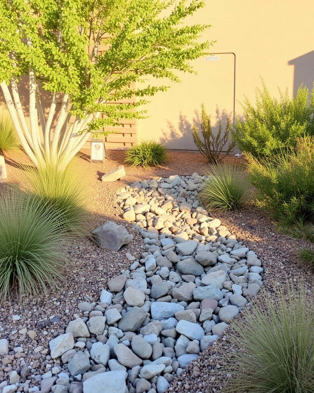 Dry creek bed of river rock with native grasses in a xeriscape side yard