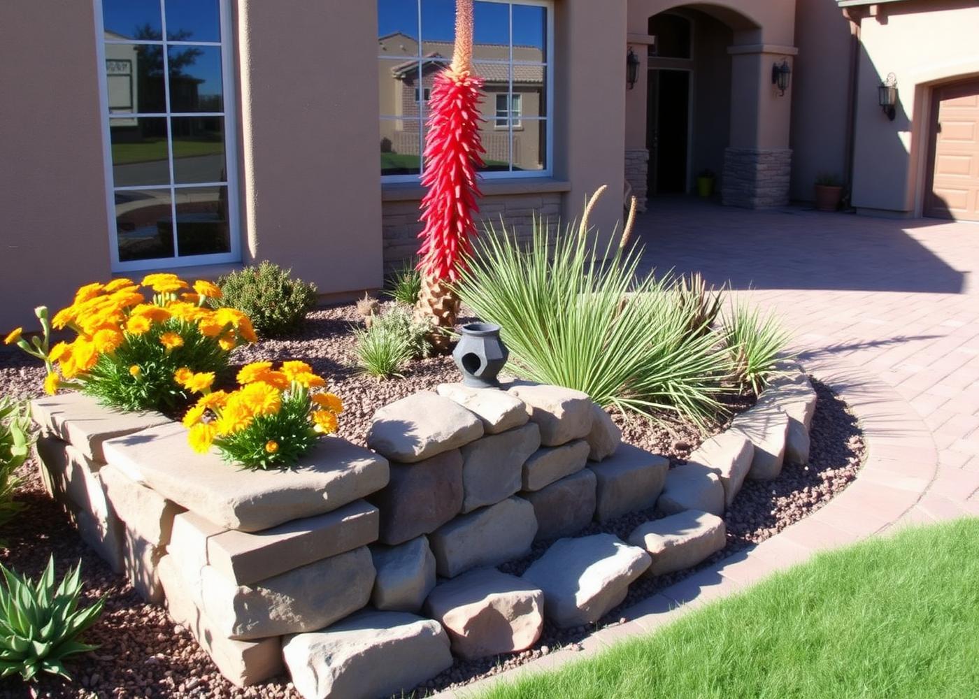 Stone raised planter beds with desert marigold and red yucca beside a paver driveway