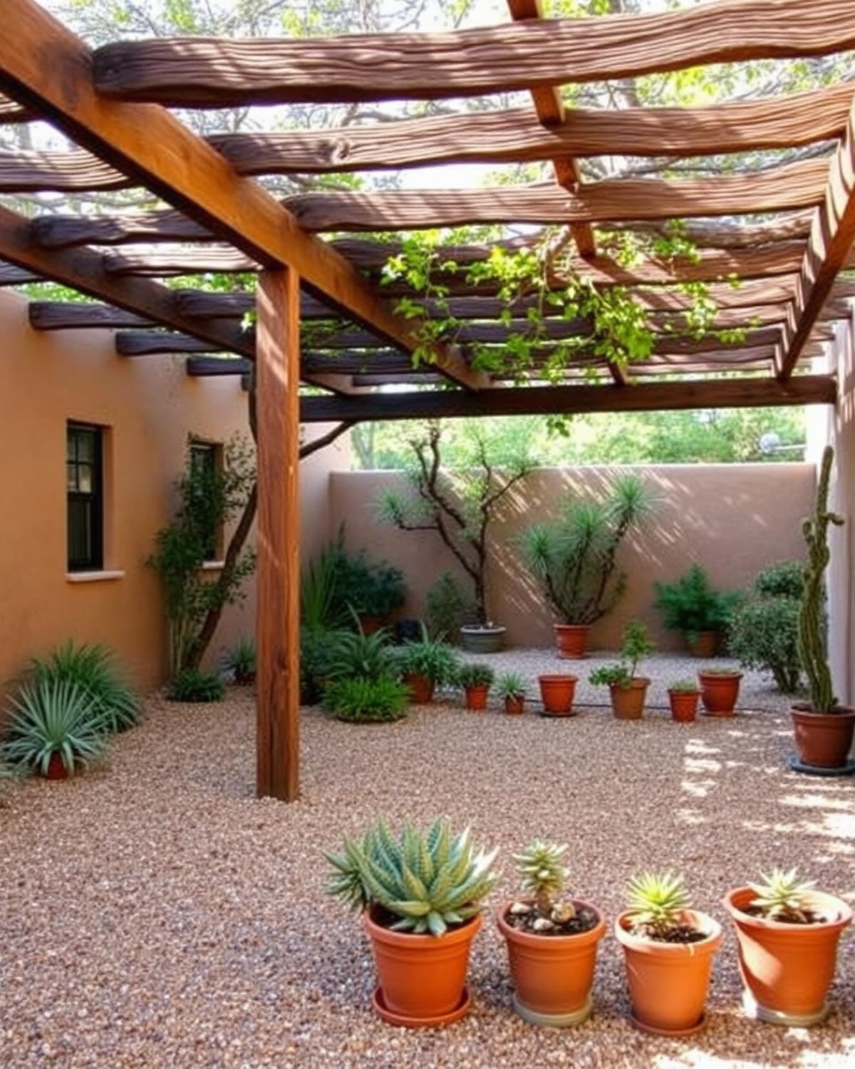 Shaded courtyard garden with pergola, potted succulents, and adobe walls