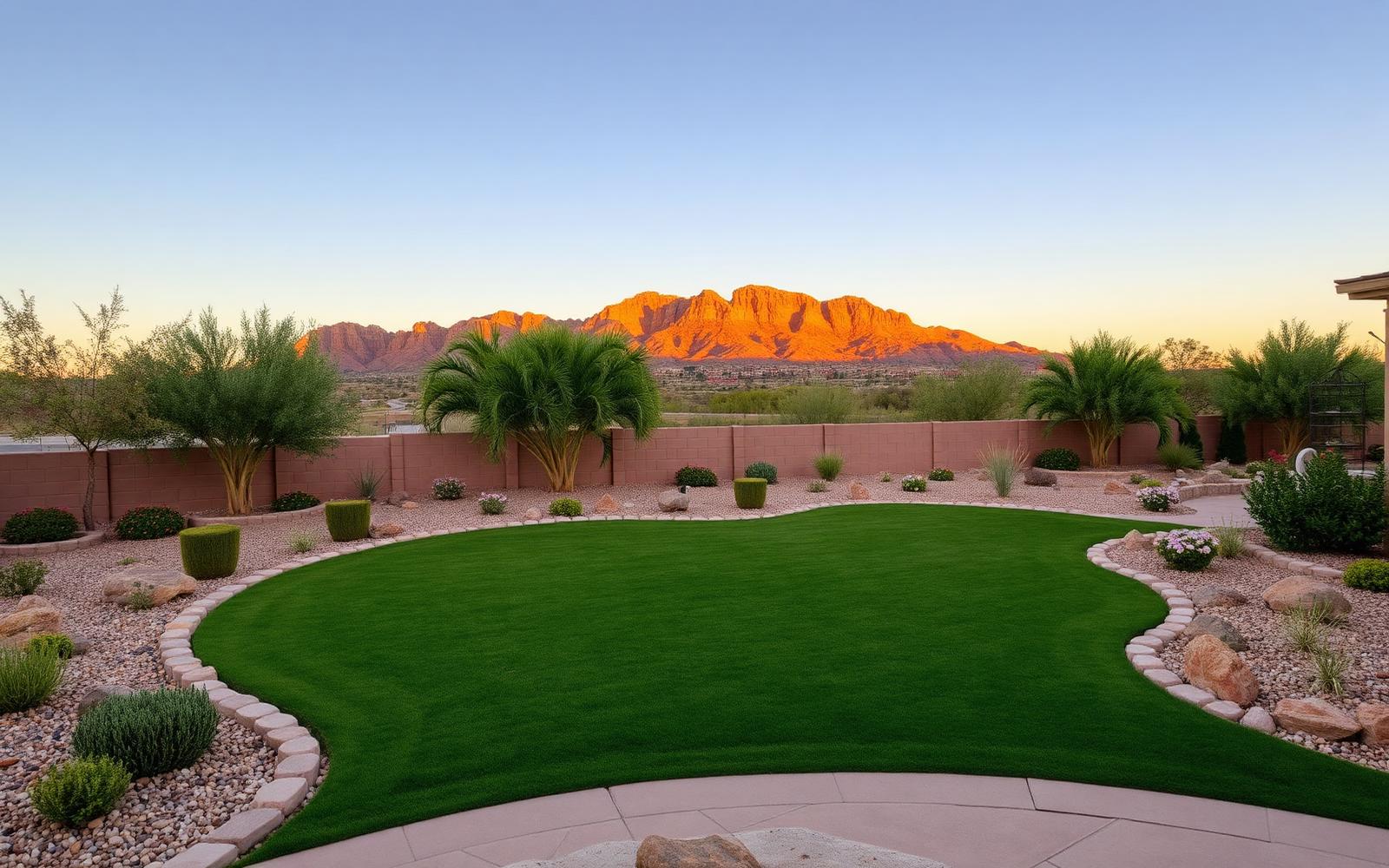 Manicured backyard blending green turf with desert rock borders and mountain views
