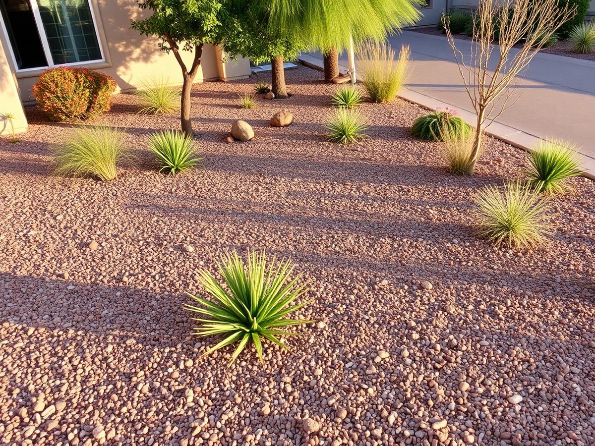 Freshly cleaned up desert yard with raked gravel and trimmed plants