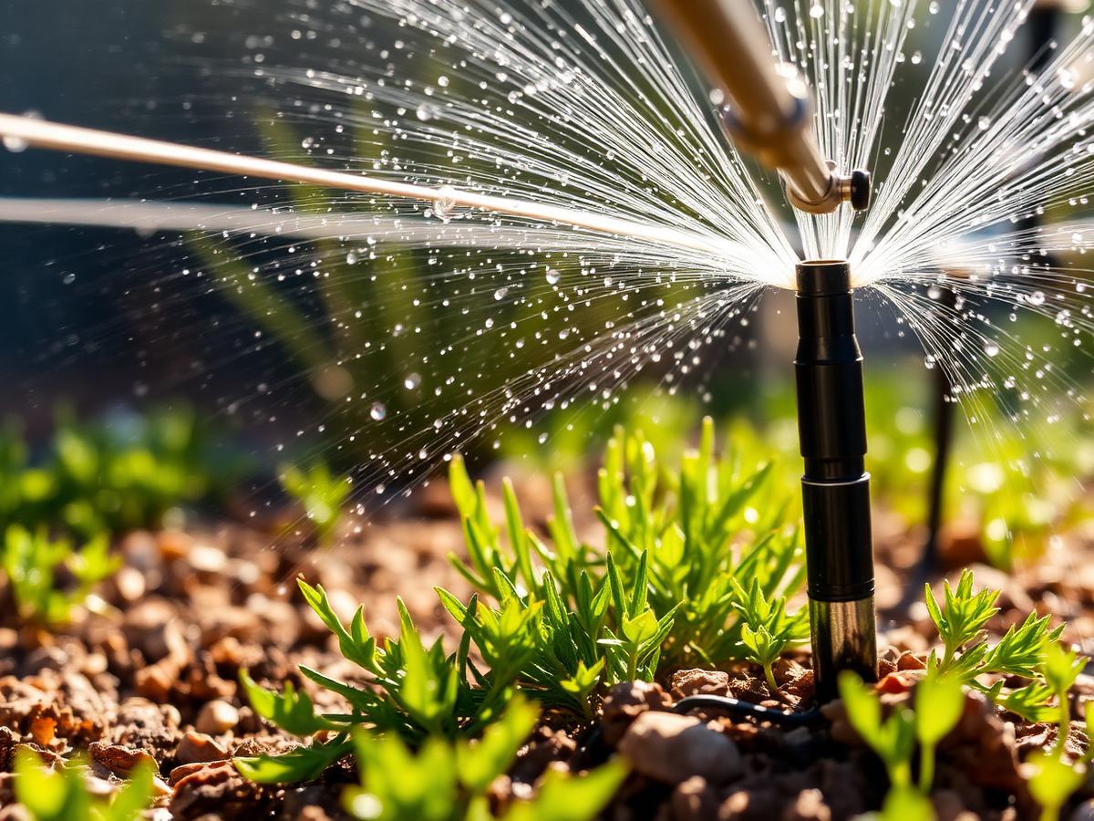 Drip irrigation sprinkler watering a desert planting bed