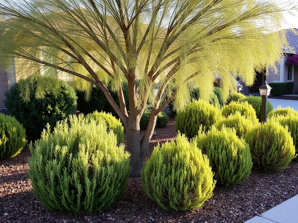 Neatly pruned desert tree and shaped shrubs in a residential southwest yard